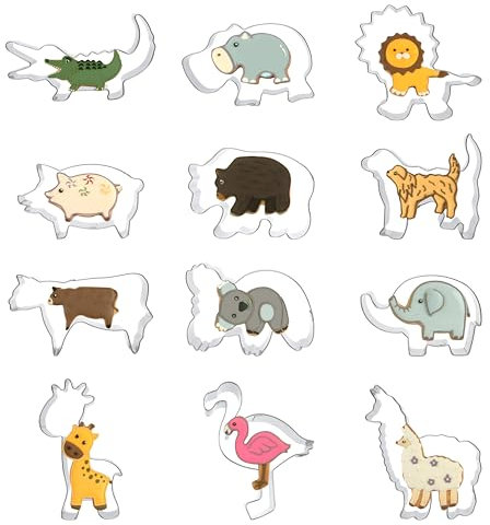 Lot de 12 emporte-pièces en forme d'animal en acier inoxydable avec crocodile, lion, panda, koala, chien, girafe, hippopotame, flamant rose, éléphant, etc