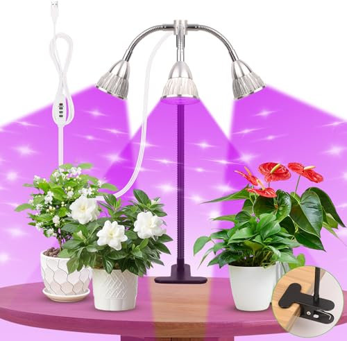 Carastek Lampada per Piante LEDs, 3 Testa Lampada Piante Coltivazione Lampada da Piante a Spettro Completo Intensivo 360° Clip a Collo di Cigno 3 Modalità 10 Luminosità con 3H/9H/12H Timer Automatici