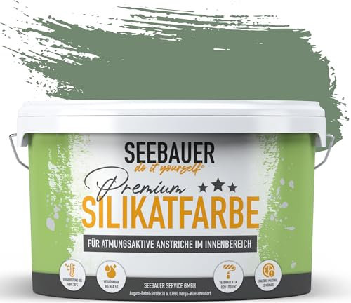 SEEBAUER diy Silikatfarbe Dunkelgrün 10L für Innen (No. 761 Nordic Wood) Atmungsaktive Mineralfarbe für Allergiker - Abwaschbare Wandfarbe - Grüntöne hohe Deckkraft