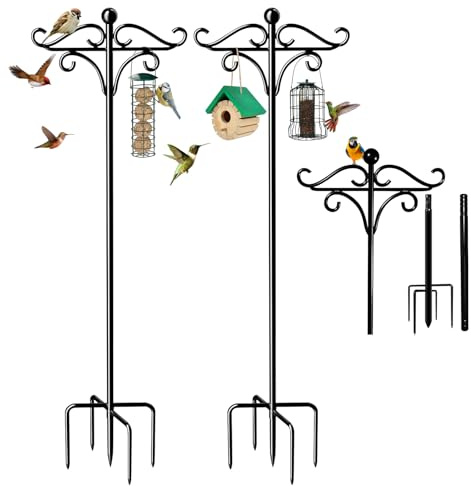 2 Pack Bird Feeders Hanging Station, 193cm Wild Bird Feeder Poles and Hangers, Free Standing Feeding Station for The Garden, Heavy Duty Metal Double Shepherds Crooks Hooks for Lights Stand