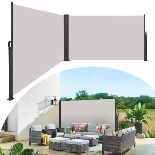Store Latéral Extensible et Opaque，Store Brise Vue Jardin Retractable，Brise Soleil avec Support Mural,Protection Solaire,Brise-Vent,Auvent Latéral,Paravent Exterieur Balcon-Gris Clair, 200X600cm