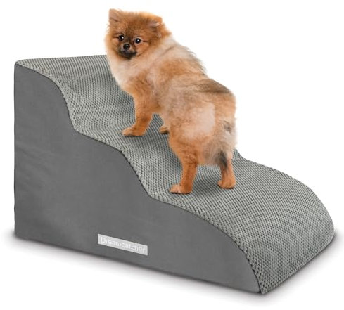 Dreamcatcher Dog Steps for Bed 60x40x40cm, 3 Step High Density Foam Pet Stairs Ramp and Non Slip Base. Grey Waterproof Oxford Fabric and Removable Washable Cover