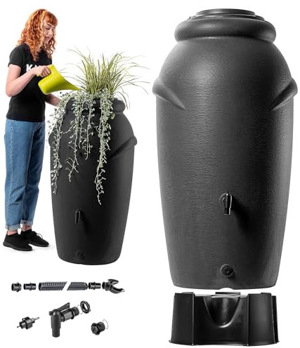 KADAX Regentonne aus Kunststoff 210 Liter, Regenwassertank mit Standfuß, Wasserhahn und Pflanzschale, Dekorativer Regentank, Frostsicheres Regenfass