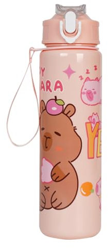 CHANGYUE 700ml Capybara Cute Water Cup with Straw & Handle Travel Water Bottle (Pink)
