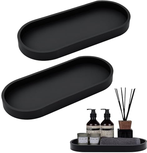 2 Stück Badezimmer Tablett,Deko Tablett Schwarz Silikon | Schminktisch Ablageschale Effiziente Lagerung,Deko Badezimmer Elegantes,Tablett Klein für Wohnzimmer,Schlafzimmer,Oval