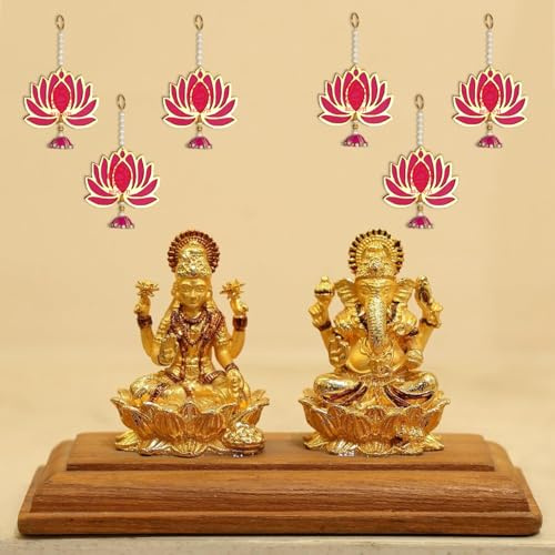 ZIG ZAG Paquete de 6 colgantes de pared hechos a mano con diseño de loto de MDF con estilo Jhumki para el hogar, Diwali, bodas, templos, habitaciones Pooja y decoraciones de festivales (7 pulgadas