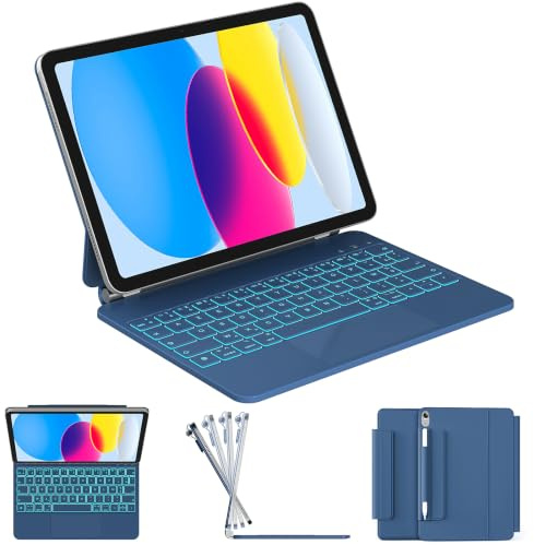 RAYMCRAFT für iPad (A16) 11th 2025/10th Generation Hülle mit Tastatur | 11-Farben-Hintergrundbeleuchtung, Multi-Touch Trackpad, Magnet‑Schwebhalter, Stifthalter, QWERTZ Layout, Stahlblau