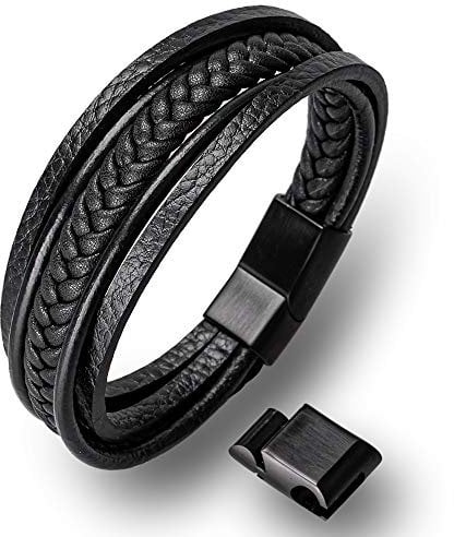 HOOF | Herren Armband Echt-Leder | Armreif geflochten | Magnetverschluss Edelstahl | Edle Box Schmuckschachtel Etui| Geschenkidee Männer, Freunde, Wikinger, Vater, Partner B1 | Schwarz, 26cm - 27cm