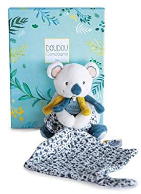 Doudou et Compagnie - Peluche Koala avec Doudou Mouchoir Imprimé - Yoca le Koala - Bleu - 15 cm - Boite Cadeau - Idée Cadeau Naissance Fille ou Garçon - Garantie Doudou Perdu - DC3667