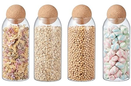 ORNAMI Clear Glass Kitchen Storage Jar with Cork Ball | Mason Food Canister Jar with Spherical Cork Lid | BPA-Free Pantry Organiser (Set of 4, 1.2L)
