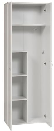 furni24 Holz Putzmittelschrank, Wäscheschrank aus Holz mit Türen, Kleiderschrank aus Holz, Garderobenschrank, Mehrzweckschrank, Schrank & Putzschrank, 2 Tür Mit Haken und 3 Regale, weiß, 60x34x180cm