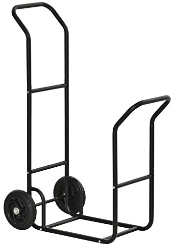 Outsunny Carrello Portalegna in Acciaio con 2 Ruote, Legnaia da Interno ed Esterno Multifunzionale, Capacità 100kg, 77x42x105cm, Nero