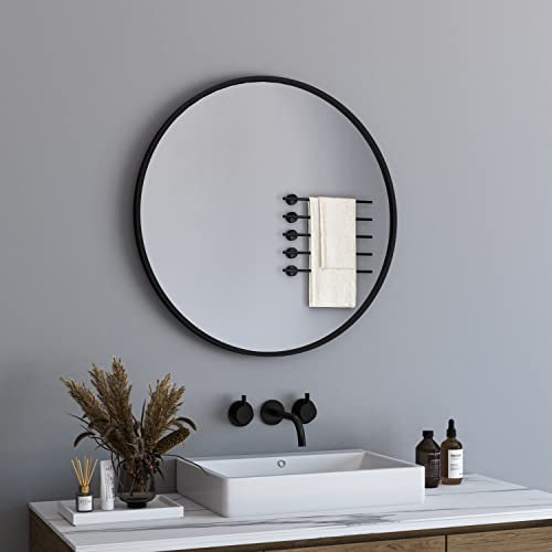 BD-Baode Runder Spiegel 60cm Shwarz Wandspiegel mit Gebürstetem Metallrahmen für Bad, Waschtisch, Wohnzimmer, Schlafzimmer, Eingang Wanddekoration