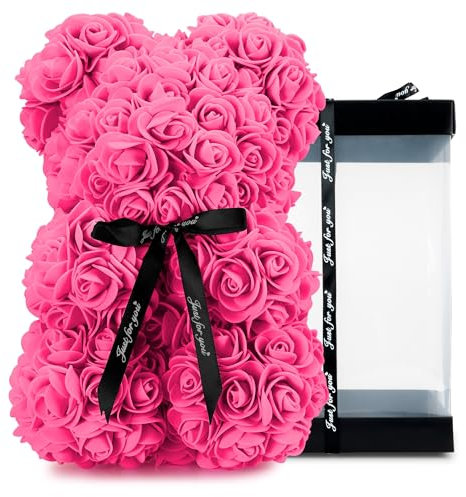 TANNESS 25cm Rose Bear with Transparent Gift Box & Black Ribbon, Rose Petals Teddy Bear Presents for Women, Artificial Flowers Rose Bear Valentines Gifts for Her - Gifts for Girlfriend (Hot Pink)