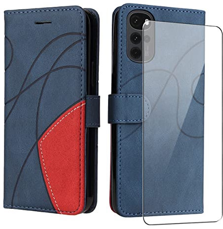 Hülle für Motorola Moto G22 / E32 / E32s Leder Handyhülle mit Displayschutzfolie, mit Kartenfächer und Magnetverschluss, PU Flip Brieftasche Case Schutzhülle für Motorola Moto G22 / E32 / E32s - Blau