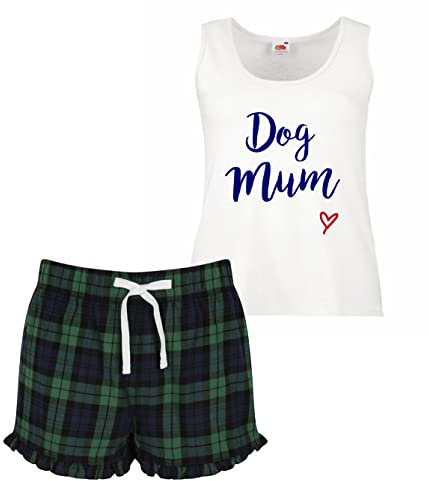 60 Second Makeover Limited Dog Mum Ladies Tartan Frill Short Pyjama Set Red Blue or Green Blue PJ's Dog Lover