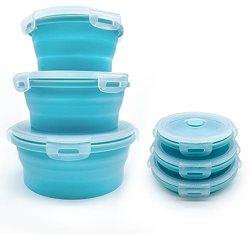 Razatik Camping Faltbare Schüsseln mit deckel, 3pcs Silikon Faltschüssel Outdoor Faltbare Brotdose Runden Camping küche Schüsseln Picknick Frischhalteboxen (350ML+500ML+800ML)