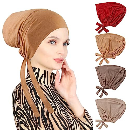 PHOGARY 4 Stück Frauen Undercap Hijab, Islamische Muslimische Unterschal Hijabcap mit Tie Back Closure Solid Color Unter Schal Hijab Mütze Turban Kopfbedeckung Chemo Kopftuch Schlafmütze (E)