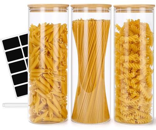 Lannvan Vorratsgläser mit Deckel, 3er Set Vorratsdosen Glas mit Deckel, Aufbewahrungsgläser Luftdicht Vorratsglas mit Holzdeckel für Mehl, Nudel, Pasta, Spaghetti Aufbewahrung - 3x 2200ml