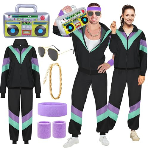 YADODO 90er 80er Jahre Outfit Herren Damen Trainingsanzug Jacke Hose Anzug 80er Accessoire 80er Jahre Kleidung Herren New Kids Kostüm 80iger Schlagerparty Bad Taste Outfit Paare Karneval (XL)