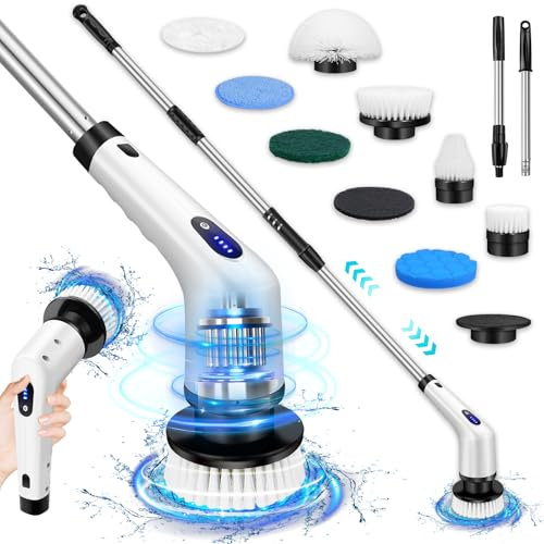 Electric Spin Scrubber, 9 in 1 Electric Cleaning Brush with Extension Handle and 9 Replaceable Brush Heads, 380RPM Rechargeable Power Scrubber for Bathroom, Sink, Shower, Kitchen, Floor, Car
