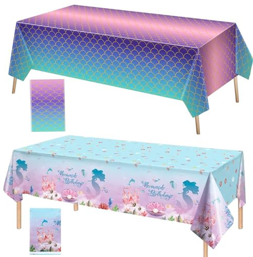 KIKVTER Meerjungfrau Tischdecke, 2 Stück Meerjungfrau Party Tischdecken, Meerjungfrau Geburtstag Deko, Geburtstag Tischdecke, Meerjungfrauen Themenparty Dekorationen für Mädchen, Geburtstag, Hochzeit