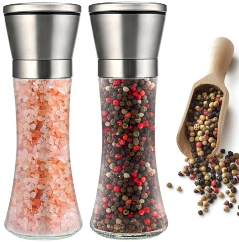 Herboom Salz und Pfeffermühle 2er Set, Pfeffer und Salzmühle, Verstellbarem Keramikmahlwerk Edelstahl Gewürzmühle für Gewürze, Pfeffer, Salz und Chilli (groß)