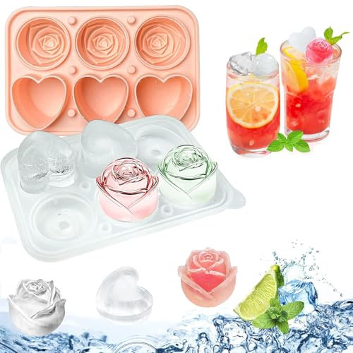 Eiswürfelform Silikon mit Deckel Rose und Herzen 6-Fach Ice Cube Tray 3D Rosen Eiswürfelbehälter mit Deckel Wiederverwendbare Eiskugelmacher mit Mini-Trichter für Eis Whiskey Saft Kaffee Eiskugelform