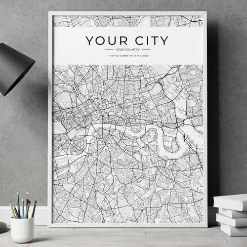 SHINERING Personalizado Negro Moderno Cualquier Mapa De Ciudad Arte De La Pared Lienzo Póster Impresiones Pinturas Imagen Para La Decoración Del Hogar De La Sala De Estar A5 50X70Cm Sin Marco