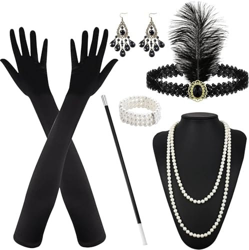 6 Teiliges 20er Jahre Accessoires, 20er Jahre Kostüm Damen, 1920 Zubehör Set, Damen Zubehör für Frauen mit Stirnband Handschuhen Ohrringen Halskette für Halloween Weihnachten Cosplay Accessoires