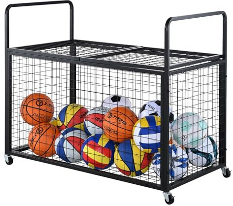 VEVOR Rolling Sports Ball Storage Cart, Lockable Basketball Cage with Double Lids, Sport Equipment Holder Organizer for Indoor Outdoor, Steel Storage Rack for Garages, Playgroup, Gym and Schools