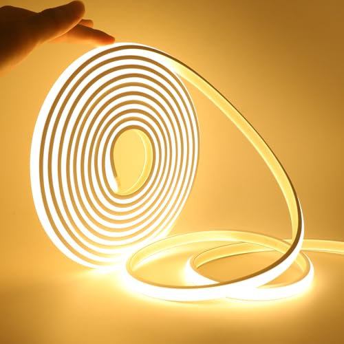 KISUFU 230V COB Neon LED Streifen, 288 LEDs/m Wasserdicht IP65 Schnitt alle 50cm, 220V LED Band Light Strip mit ON/OFF Schalter für Küche, Badezimmer, Werkbank, Die außendekoration.warm weiß,12M