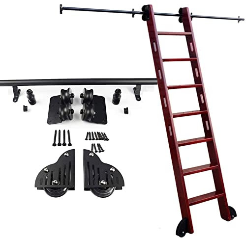 Schwerlast-Bibliotheks-Rollleiter, Schienensystem, Schiebetürschiene, 200 cm, schwarzes Holz, Schiebetürbeschläge mit Bodenrollen, keine Leiter erforderlich