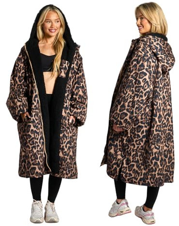 OHS Waterproof Changing Robe for Adults, Oversized Change Robe Coat with Hood & Pockets Fleece Lining Long Sleeve Jacket for Beach Surfing Lounging - Leopard Print, Large