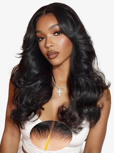 RXY Layered Cut Face-Framing Human Hair Wig 7x6 HD Lace Glueless Wig Human Hair Loose Body 200% Dichte Perücke Echthaar Vorgezupft, Vorgeschnitten Wear and Go Wig for Women 20 Zoll(51cm)