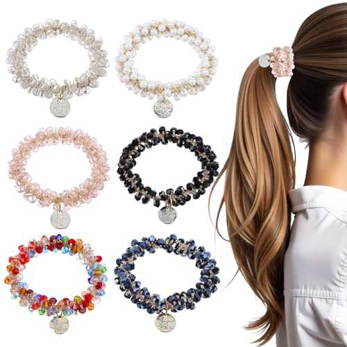6 Stück Kristall-Haargummis,Glitzer Haargummi,Elastisch Haarschmuck Damen,Haaraccessoires mit Strasssteinen,Haarschmuck für Damen und Mädchen