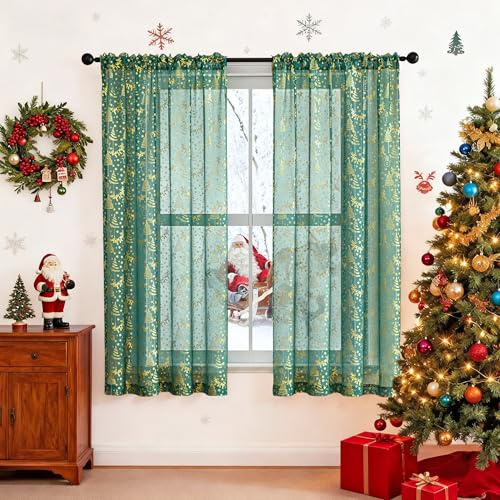 Songella Weihnachtsgardinen Transparent Weihnachtsvorhänge 2er Set mit Goldernem Muster Ösenvorhang für Schlafzimmer Wohnzimmer Grün 107 * 163 cm