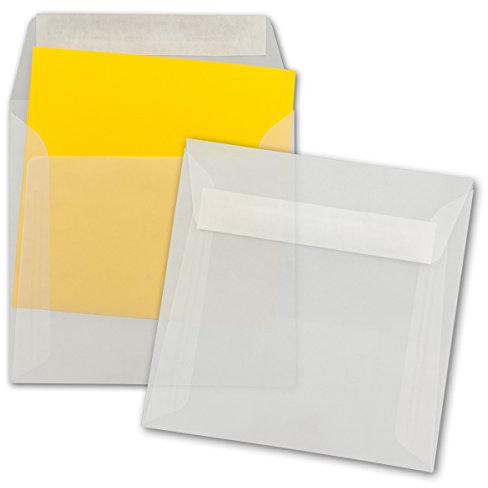 50 Briefumschläge in Transparent - quadratisches Format 16 x 16 cm - 92 Gramm/m² - Haftklebung - ohne Fenster