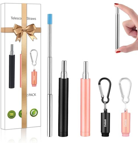 2 Pack Reusable Metal Straws Collapsible Stainless Steel Drinking Straw Travel Portable Telescopic Straw with Case for Cruise Ship Essentials Black/Rose Gold