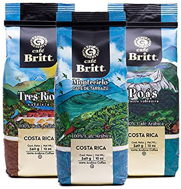 Café Britt® - Costa Rican Origins Coffee Bundle (12 oz.) (3-Pack) (Tarrazú, Tres Ríos & Poás) - Whole Bean, Arabica Coffee, Kosher, Gluten Free, Gourmet & Medium Light & Dark Roast