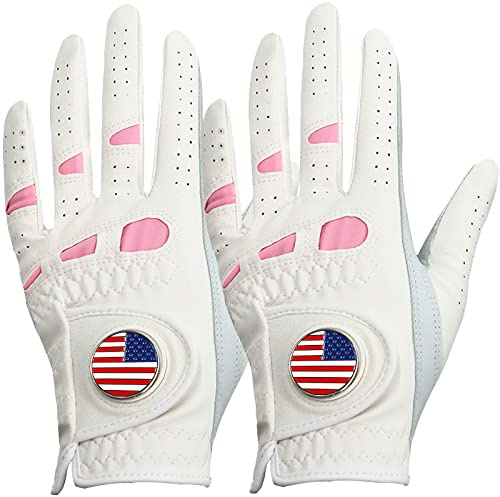 Amy Sport Women's Golf Gloves Left Hand Right with Ball Marker Value 2 Pack, All Weather Grip Rain Soft Leather Pink Size Small Medium Large XL (2 Pack-Worn on Left Hand, Medium)