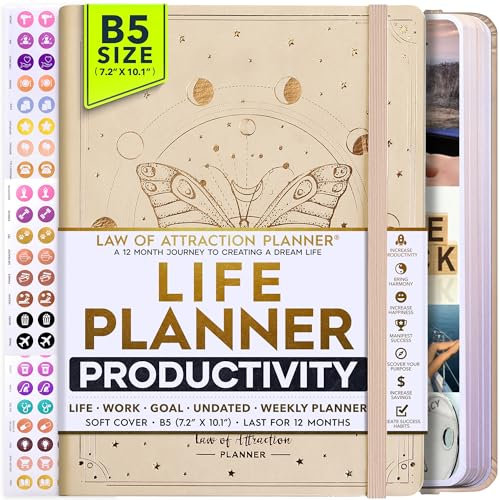 Law of Attraction Planer – undatierter Deluxe-Wochenplaner, Monatsplaner, eine 12-monatige Reise zur Steigerung der Produktivität und des Glücks – Lebensorganizer, Dankbarkeits-Tagebuch und Aufkleber