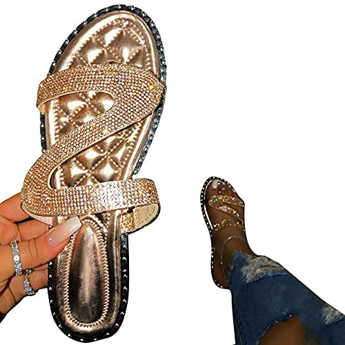 Onsoyours Sandales Plates Femmes, Chaussures Été Confortable à Talons Plats Nu Pieds Mode Tongs Plages Claquettes Semelle Matelassée Bout Ouvert Tressée A Or 41 EU