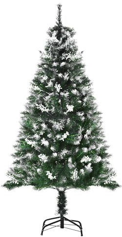 HOMCOM Albero di Natale Innevato 150cm con Bacche Decorative Bianche, Base Rimovibile Pieghevole, 378 Rami, Verde