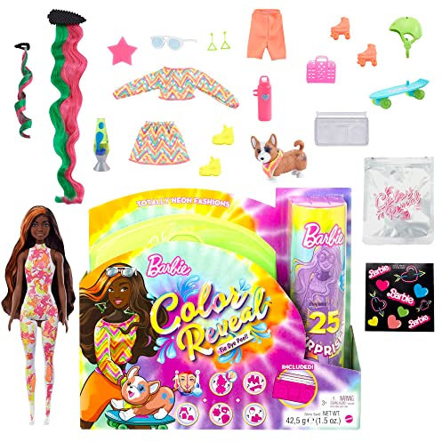 Barbie HCD27 - Color Reveal Totally Neon Fashions Puppe mit orangefarben gesträhnten brünetten Haaren und 25 Überraschungen, inklusive Farbwechsel, Puppen Spielzeugfür Kinder ab 3 Jahren