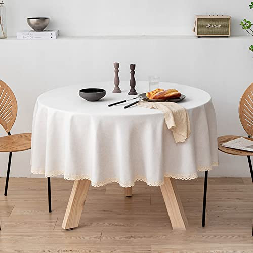 Ricemru Leinenoptik Tischdecke Abwaschbar Rund 160cm Beige mit Häkelkante Tischtuch Gartentisch Landhaus Elegant Tafeltuch Balkon Draussen Outdoor