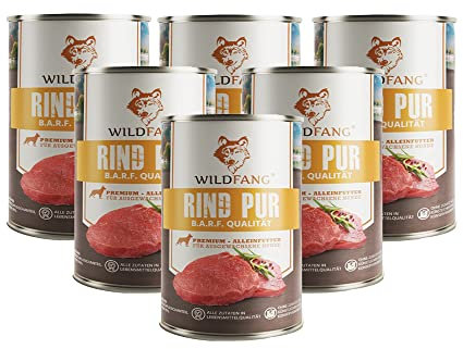 Wildfang® Premium Hunde-Nassfutter I Monoprotein I getreidefrei I B.A.R.F Qualität (Rind pur, 6 x 400g)