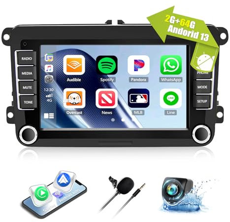 [2+64G] CAMECHO Android 13 Car Stereo with Wireless Carplay Android Auto for VW Polo Golf Caddy T5 Tiguan Skoda Seat 7 Inch Touch Screen Radio with AHD Backup Camera GPS WiFi Bluetooth FM RDS SWC HiFi