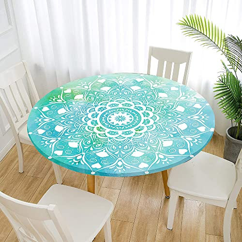 Morbuy Rund Tischdecke Elastisch, Lotuseffekt Abwischbar Rund Tischdecken Mandala Tischtuch für Küchen Garten Outdoor (Durchmesser 90cm,Türkis)