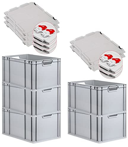 PROREGAL SuperSparSet 5x Eurobox NextGen Grip mit Scharnierdeckel und roten Schiebeschnappverschlüssen, HxBxT 32x40x60cm, 65 L, Grau, Griffe offen, Eurobehälter, Transportbox